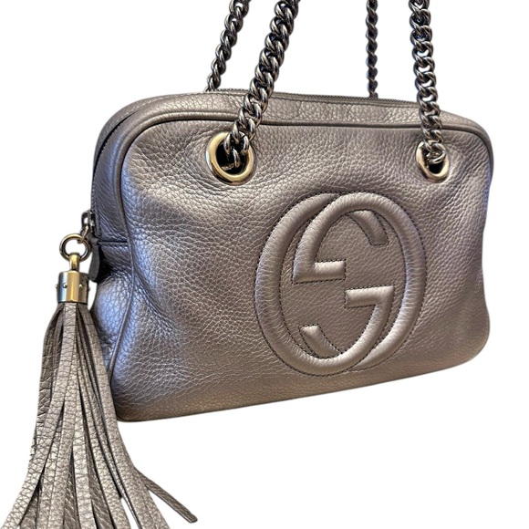 6-25 Preloved Gucci Metallic Silver Gray Leather Shoulder Bag - Picture 4 of 13